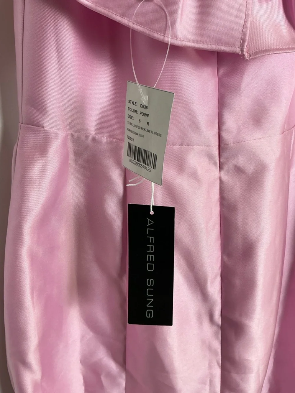 ALFRED SUNG Off-the-Shoulder Ruffle Satin Trumpet Gown in Powder Pink - Picture 5 of 6